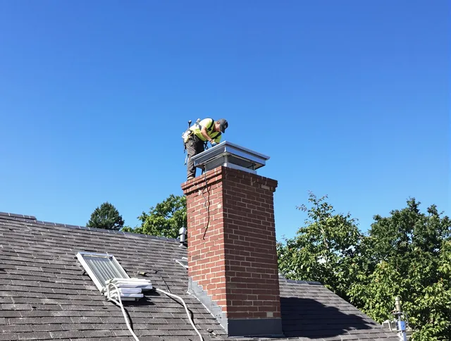 Plainville Chimney Sweep technician measuring a chimney cap in Plainville, CT