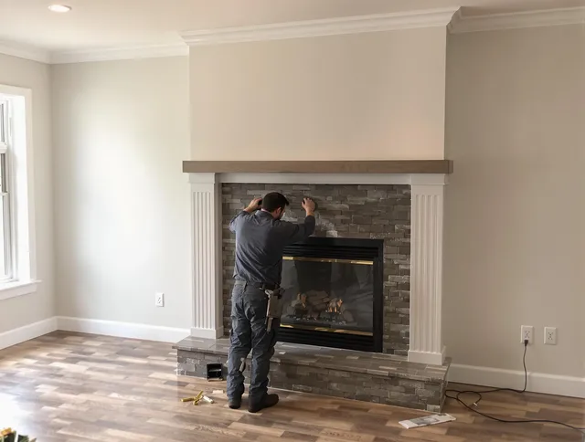 Plainville Chimney Sweep finishing a custom fireplace install in Plainville, CT